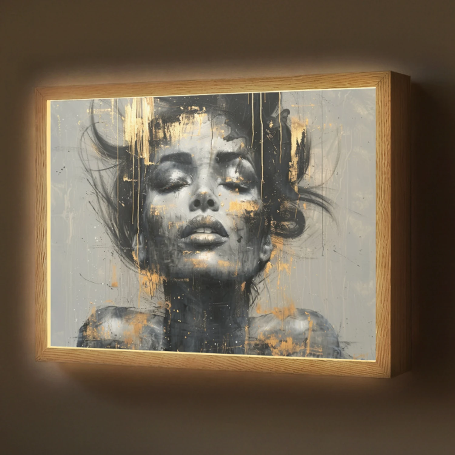 Vrouw - Kunst - Goud - Abstract - Glamour Light Box met batterij (Wandlamp) middel -z3d_website