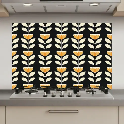 Retro - Bloem - Zwart - Okergeel keuken achterwand spatscherm klein 900 -3d_website