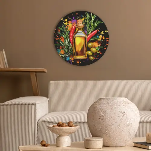 Olijfolie - Graffiti - Peper - Olijven - Modern Akoestische PET Vilt - Rond klein -sfeer1