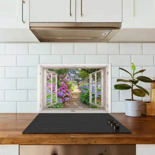 Hortensia - Doorkijk - Bloemen - Zomer - Paars - Pad keuken achterwand spatscherm klein -sfeer2