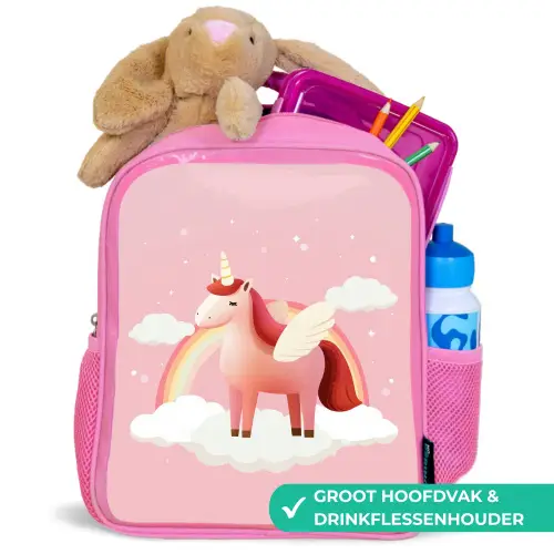 Eenhoorn - Vleugels - Roze - Regenboog Kinderrugzak - Roze middel -inhoud_NL