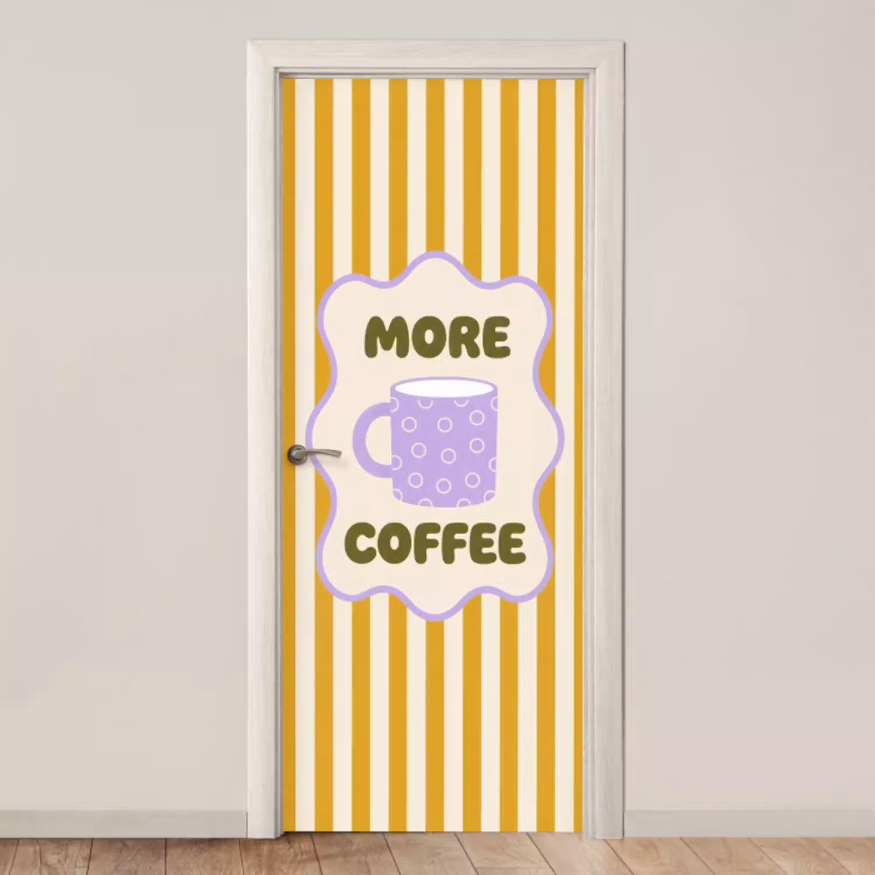 More coffee - Geel - Paars - Strepen - Mok deurposter klein -3d_beige