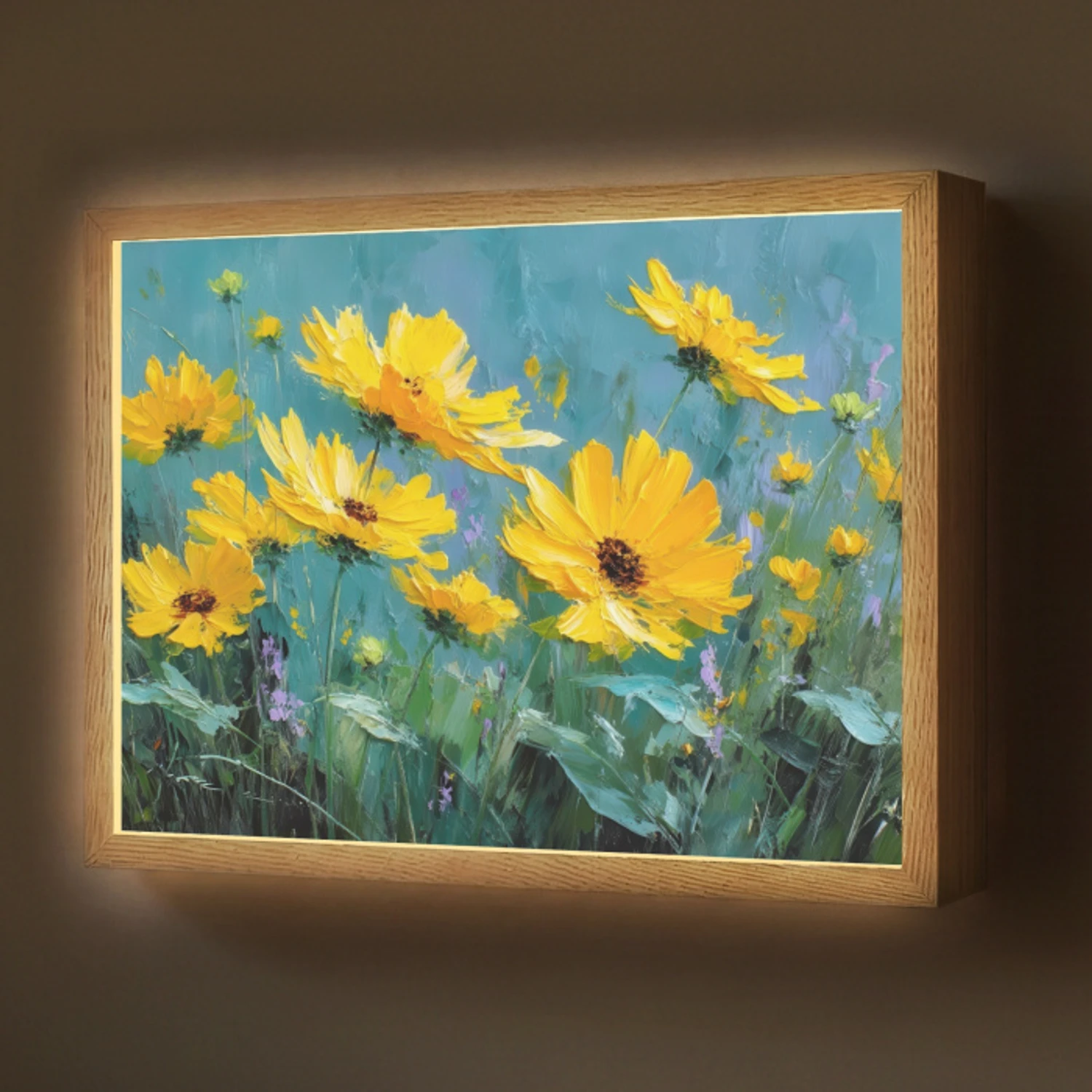 Penseelstreken - Bloemen - Felgeel - Abstract Light Box met batterij (Wandlamp) middel -z3d_website