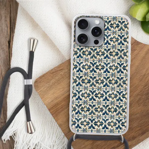 Tegel - Patroon - Blauw - Beige Hoesje iPhone 16 Pro Max met koord klein 804 -sfeer4