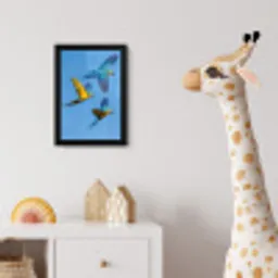 Papagaai - Vliegen - Blauw - Geel fotolijst zwart zonder passe partout klein -usfeer4_kinderkamer