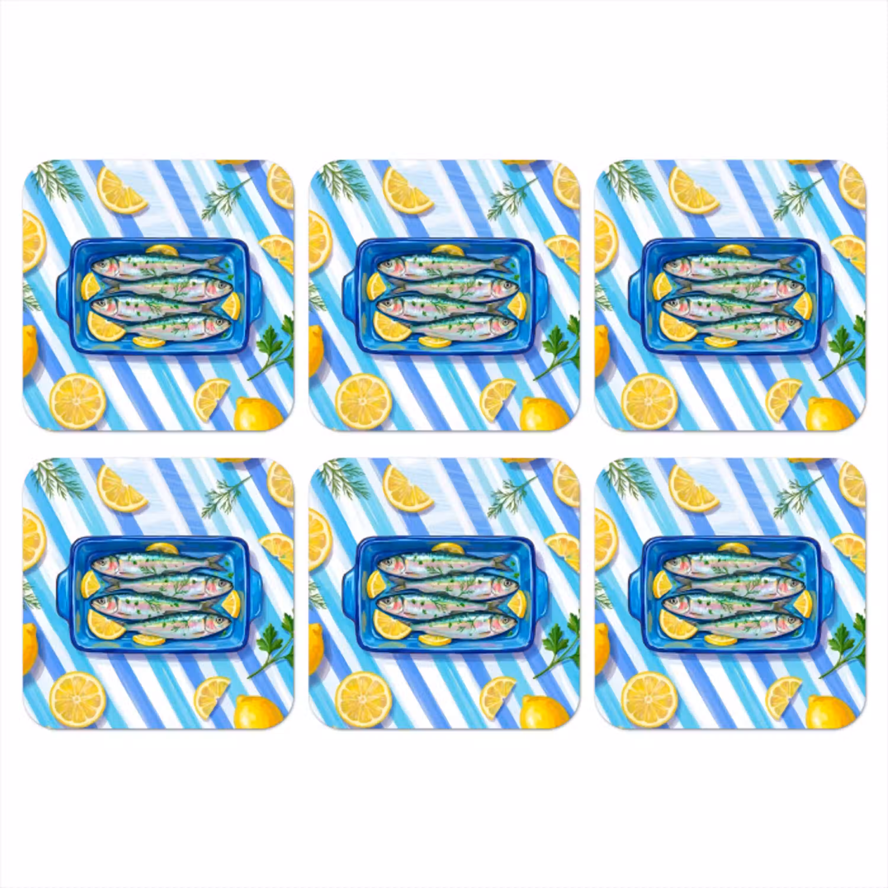 Vis - Citroen - Kruiden - Eten - Blauw onderzetter kurk middel -3d