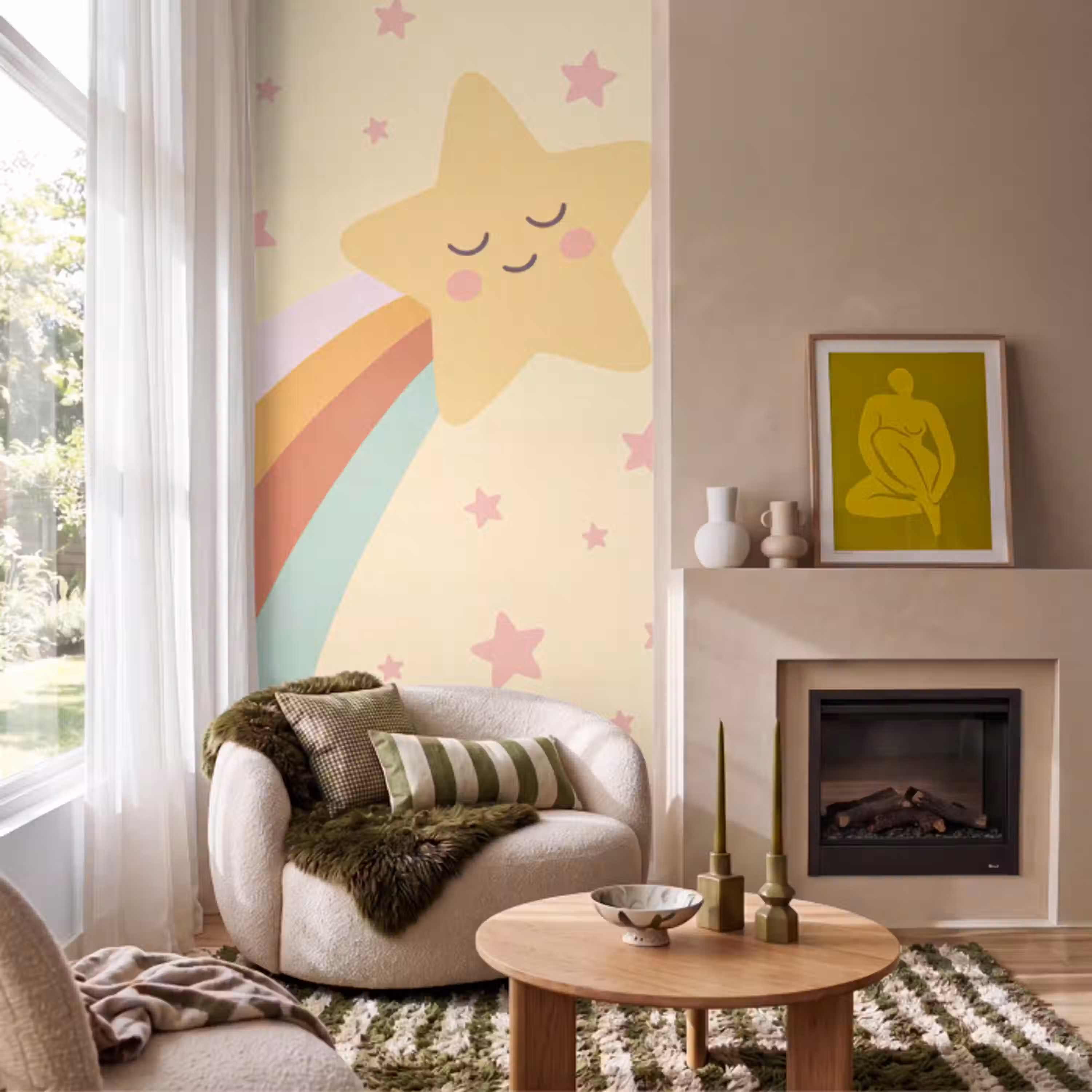 Ster - Regenboog - Nacht - Illustratie - Pastel Behang Vlies klein -sfeer2