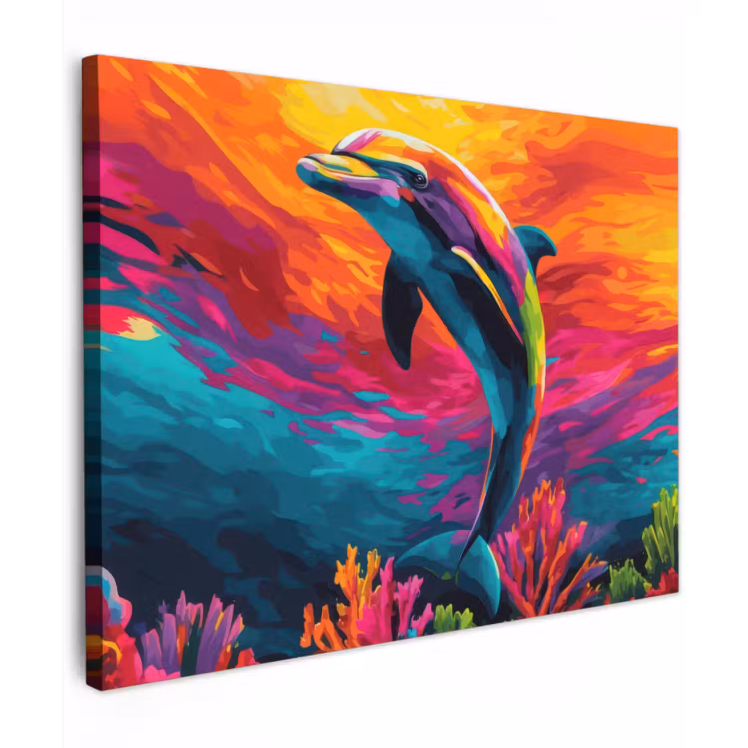 Canvas schilderij - Dolfijn - Kleurrijk - Oceaan - Koraal