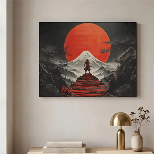 Krijger - Rode trappen - Zon - Berg Textielframe zwart klein -sfeer2