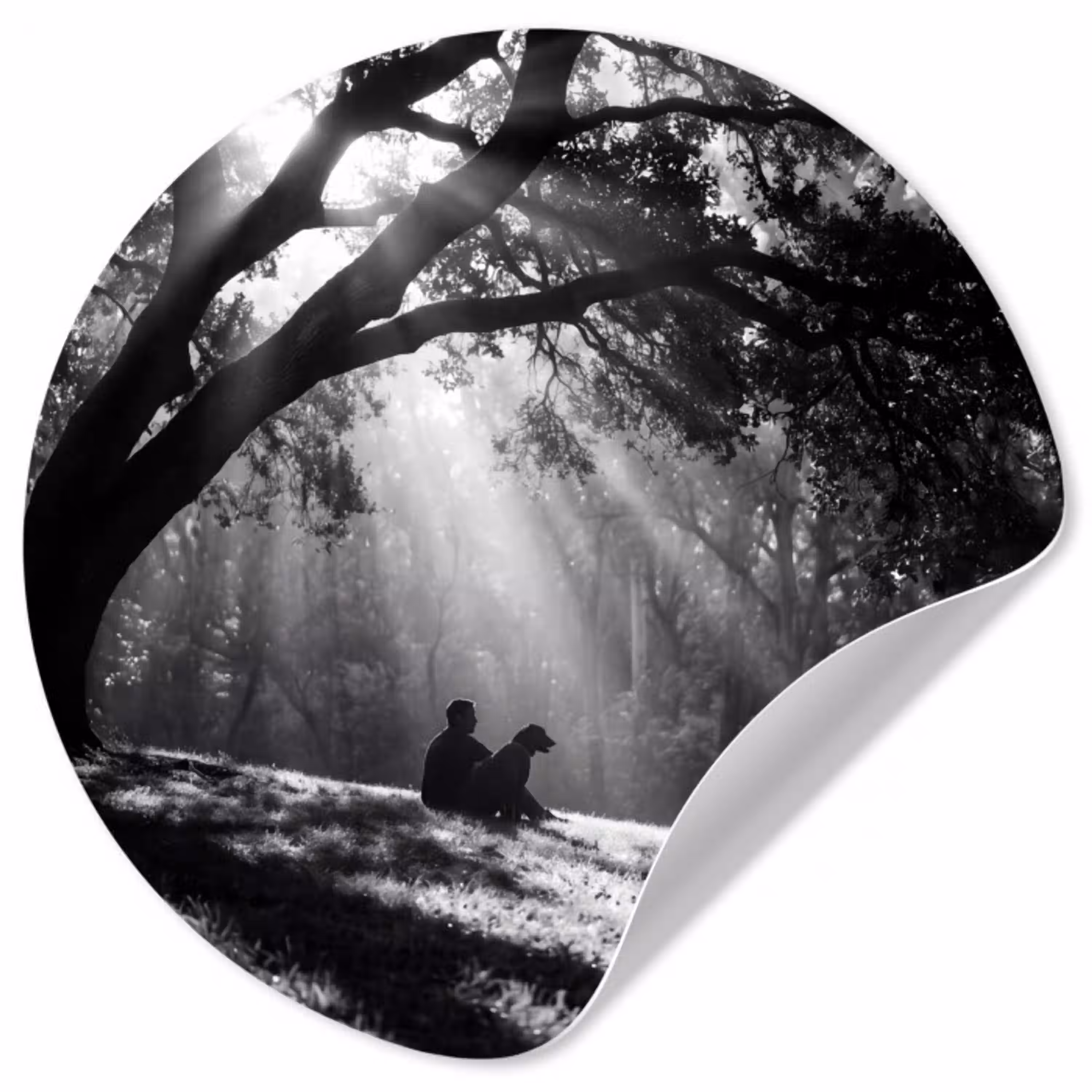 Mens - Hond - Natuur - Zwart-wit - Silhouet Wandcirkel behangsticker klein -3d