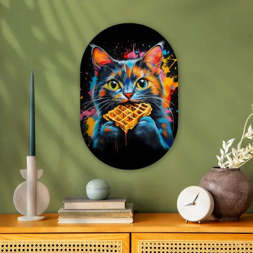 Kat - Graffiti - Kleurrijk - Wafel - Eten Wandcirkel Ovaal Forex klein -sfeer2