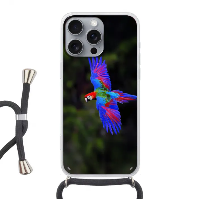 Felgekleurd - Papegaai - Bos - Vleugels Hoesje iPhone 16 Pro Max met koord klein -3d