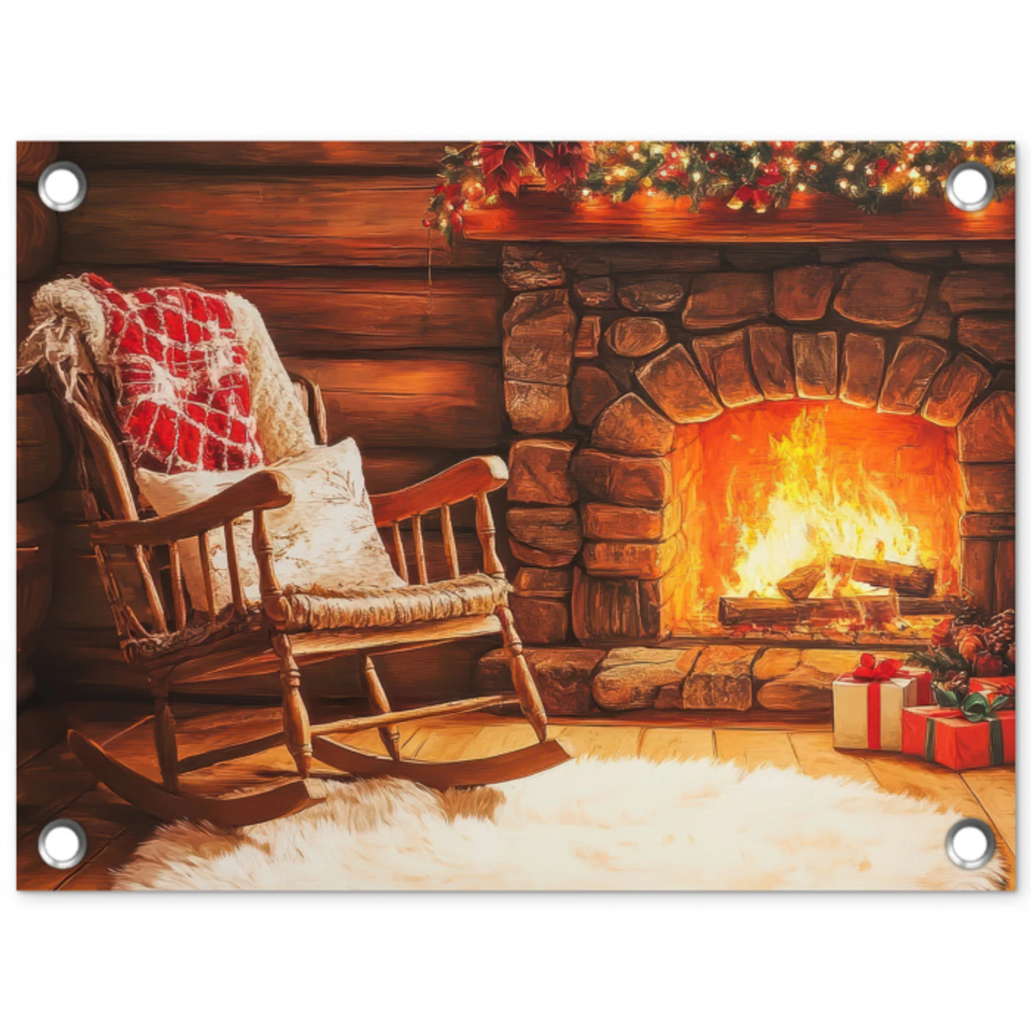 Winter - Kerst - Huis - Openhaard tuinposter los doek klein -3d