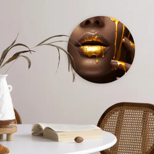 Goud - Vrouw - Verf - Lippen - Luxe Wandcirkel kunststof plaat 5mm dik klein -sfeer4