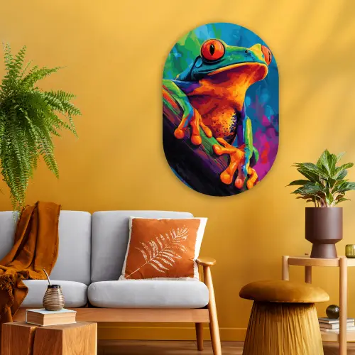 Kikker - Felgekleurd - Tak - Regenboog Wandcirkel Ovaal Glas middel -sfeer4