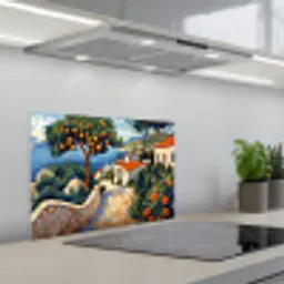 Huizen - Mozaïek - Sinaasappelbomen - Zee keuken achterwand spatscherm klein -3d_schuin