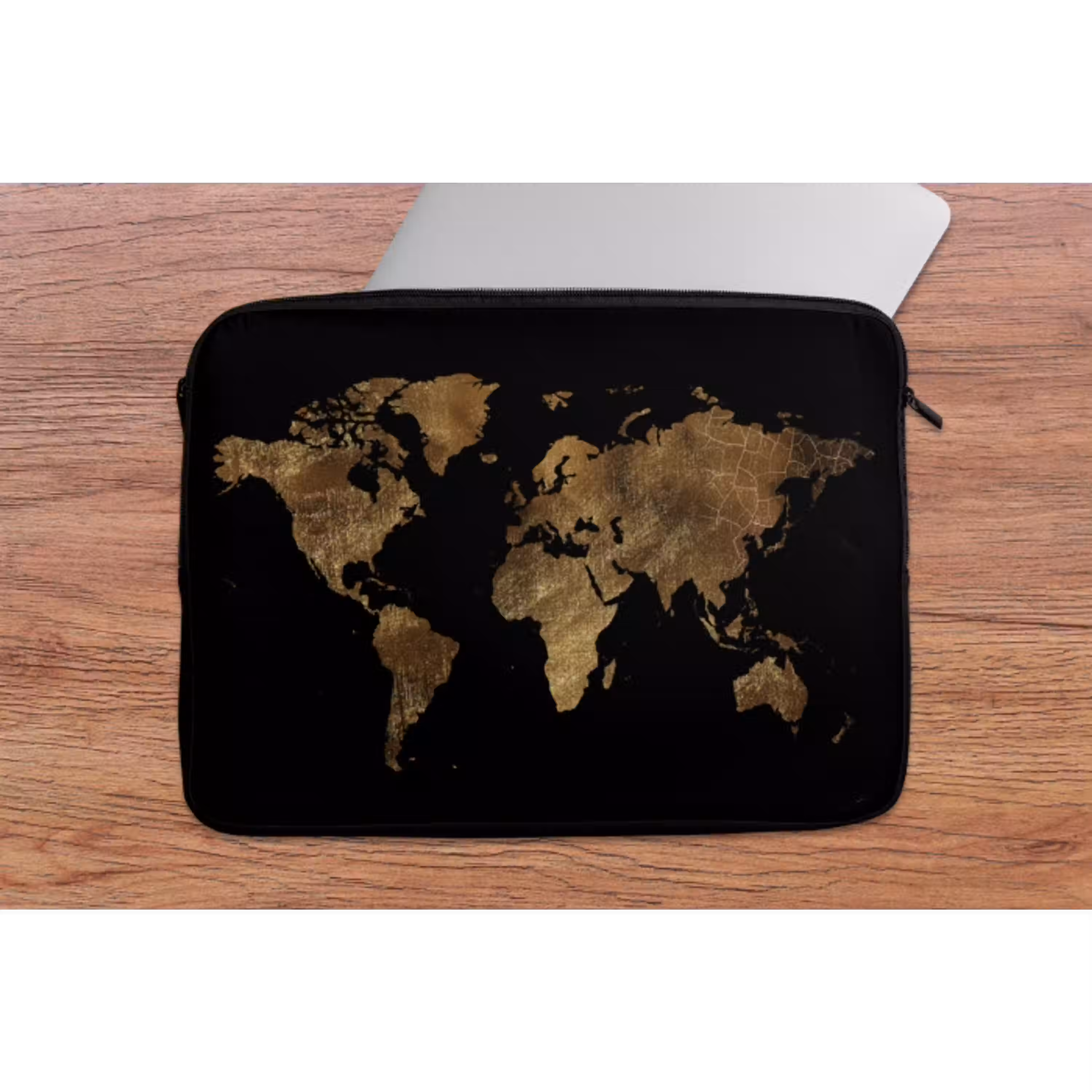 Wereldkaart - Goud - Luxe - Aarde - Zwart laptophoes neopreen klein -tafel