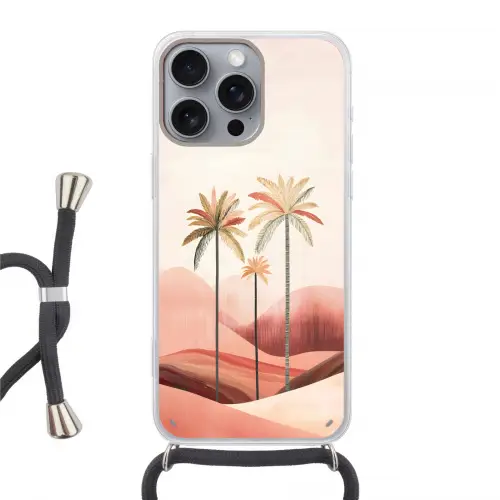 Palmbomen - Heuvels - Minimalistisch - Zachtroze Hoesje iPhone 16 Pro Max met koord klein -3d