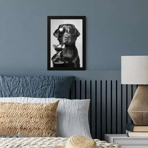 Hond - Zwart - Wijnglas - Zonnebril fotolijst zwart zonder passe partout klein -sfeer3