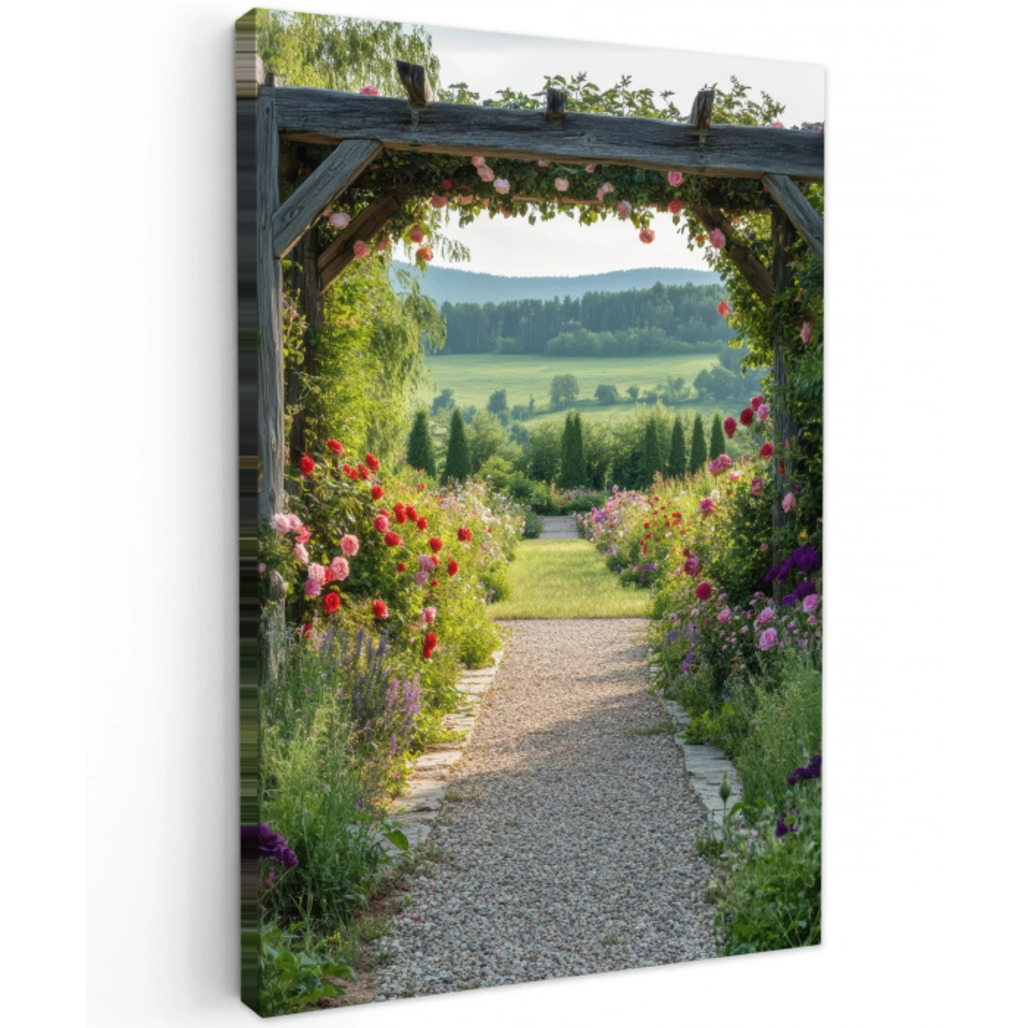 Doorkijk - Landschap - Natuur - Tuinboog - Bloemen Tuinposter op houten frame 2 cm dik klein -3d