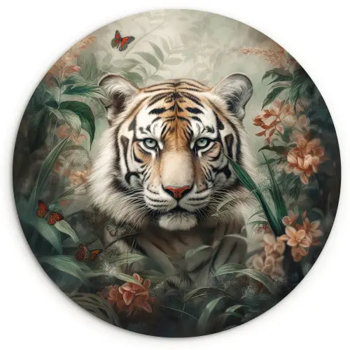Tijger - Vlinders - Dieren - Jungle - Bloemen Wandcirkel kunststof plaat 5mm dik klein -3d