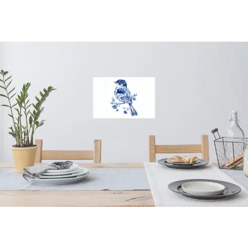 Vogel - Delfts blauw - Illustratie - Bloemen Muursticker klein -eettafel