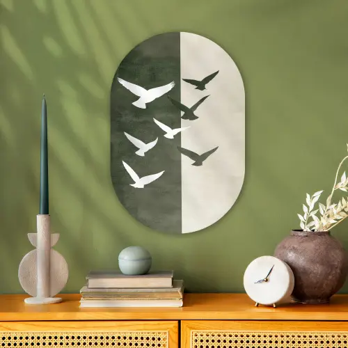 Japandi - Vogel - Groen Wandcirkel Ovaal Forex klein -sfeer2