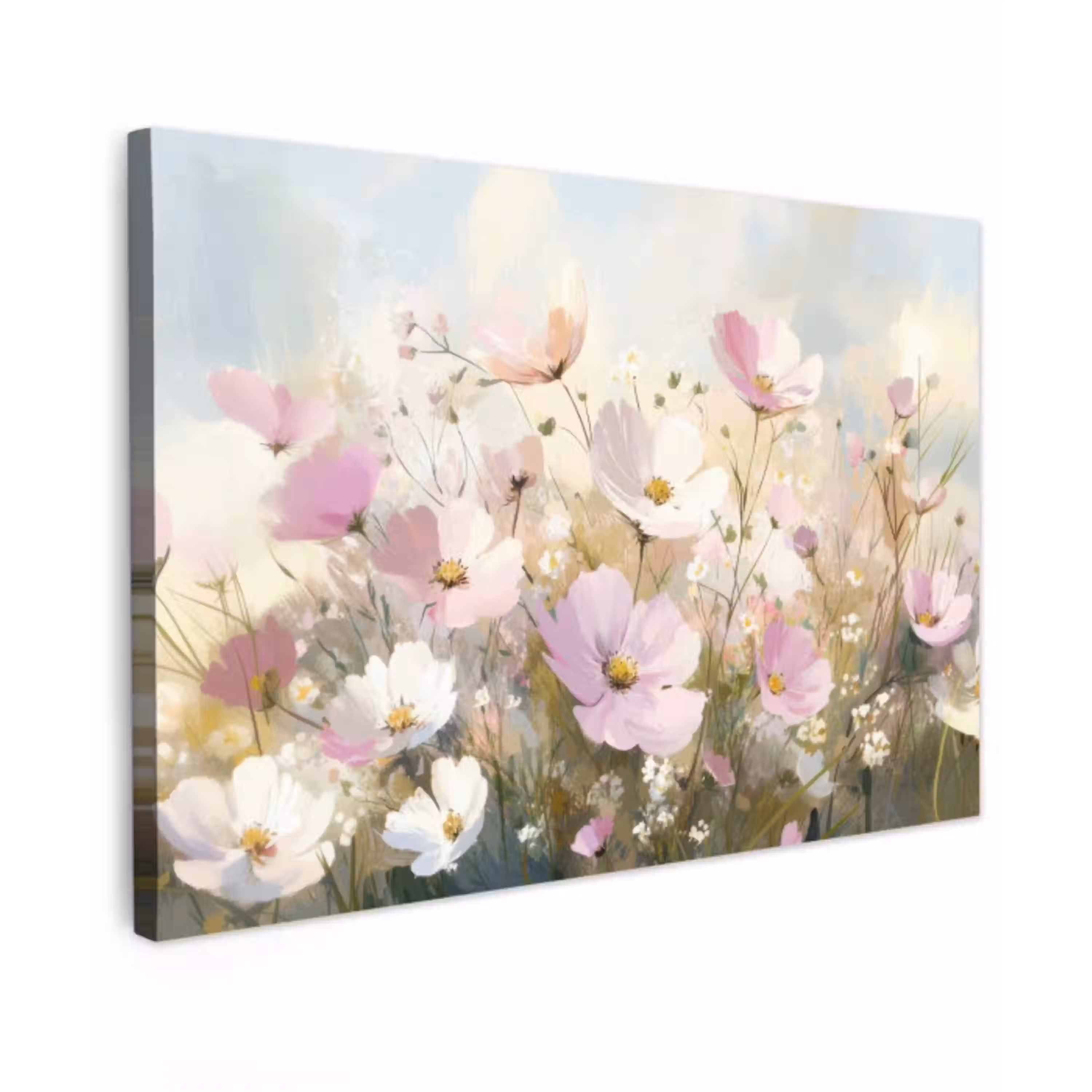 Bloemenveld - Lichte tinten - Geschilderd Tuinposter op houten frame 2 cm dik klein -3d