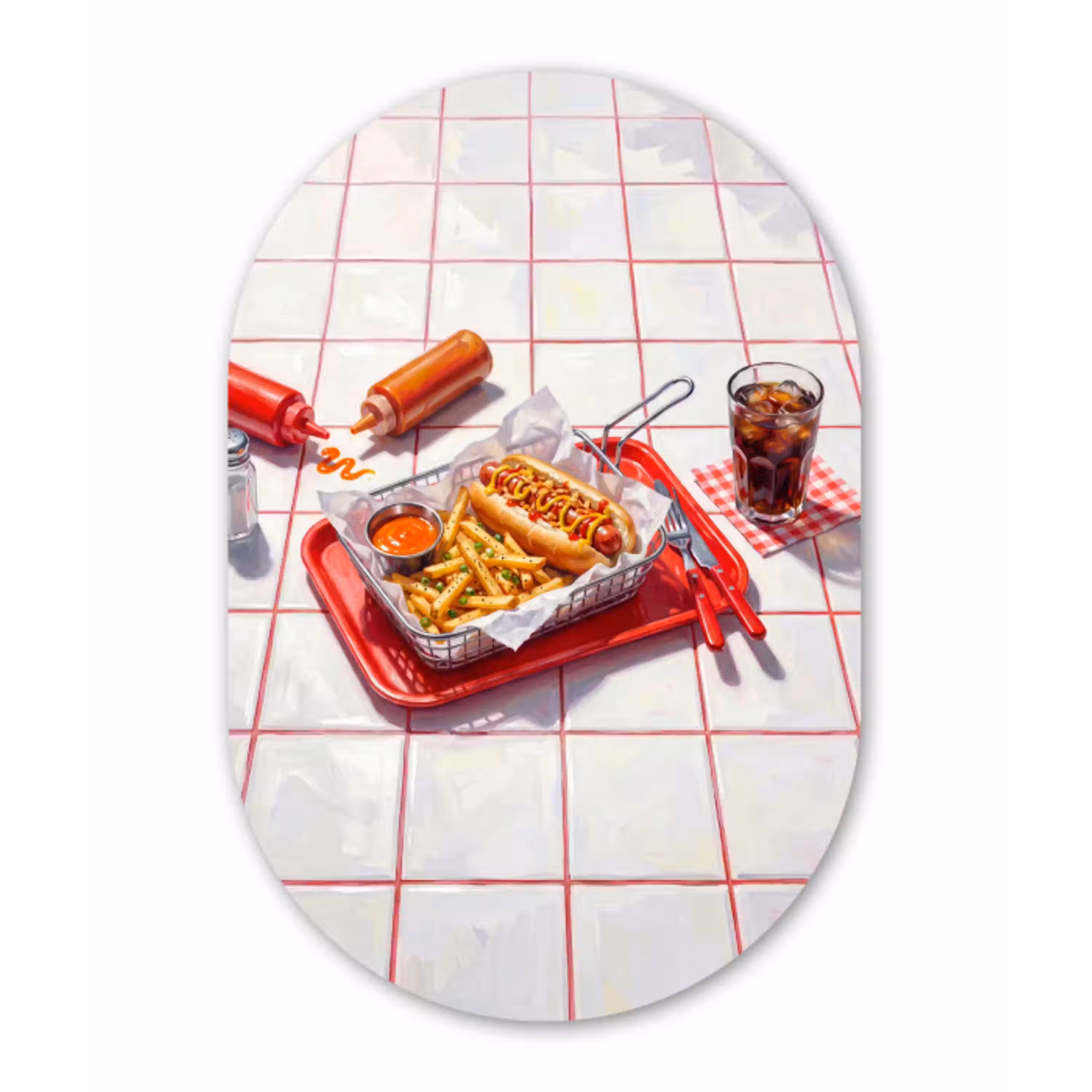 Eten - Hotdog - Fastfood - Modern - Rood Wandcirkel Ovaal Aluminium middel -3d