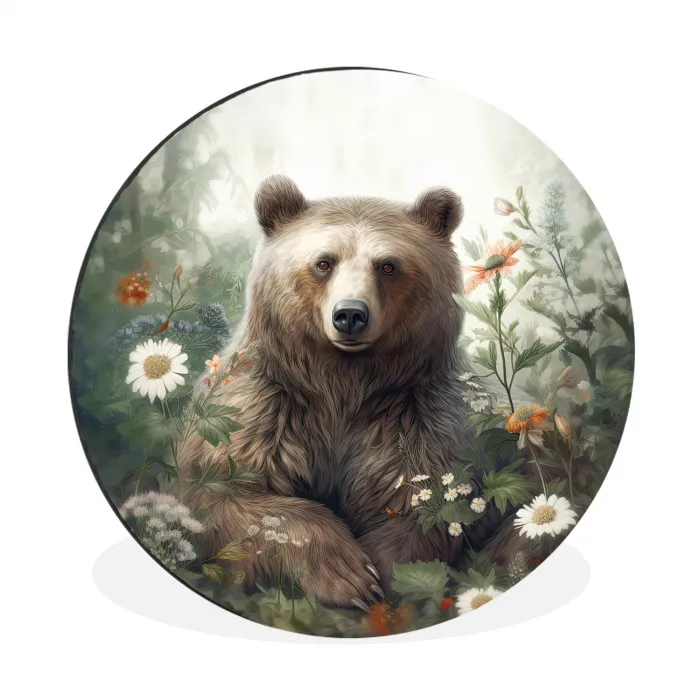 Bruine beer - Wilde dieren - Bloemen - Planten Wandcirkel aluminium klein -3d