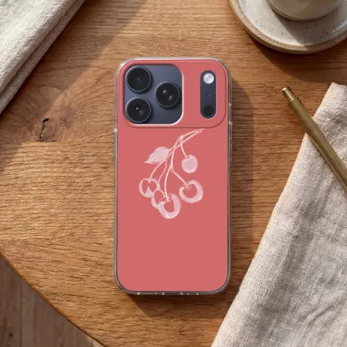 Lijnillustratie - Kersen - Tak - Wit Telefoonhoesje iPhone 17 Pro klein -sfeer1
