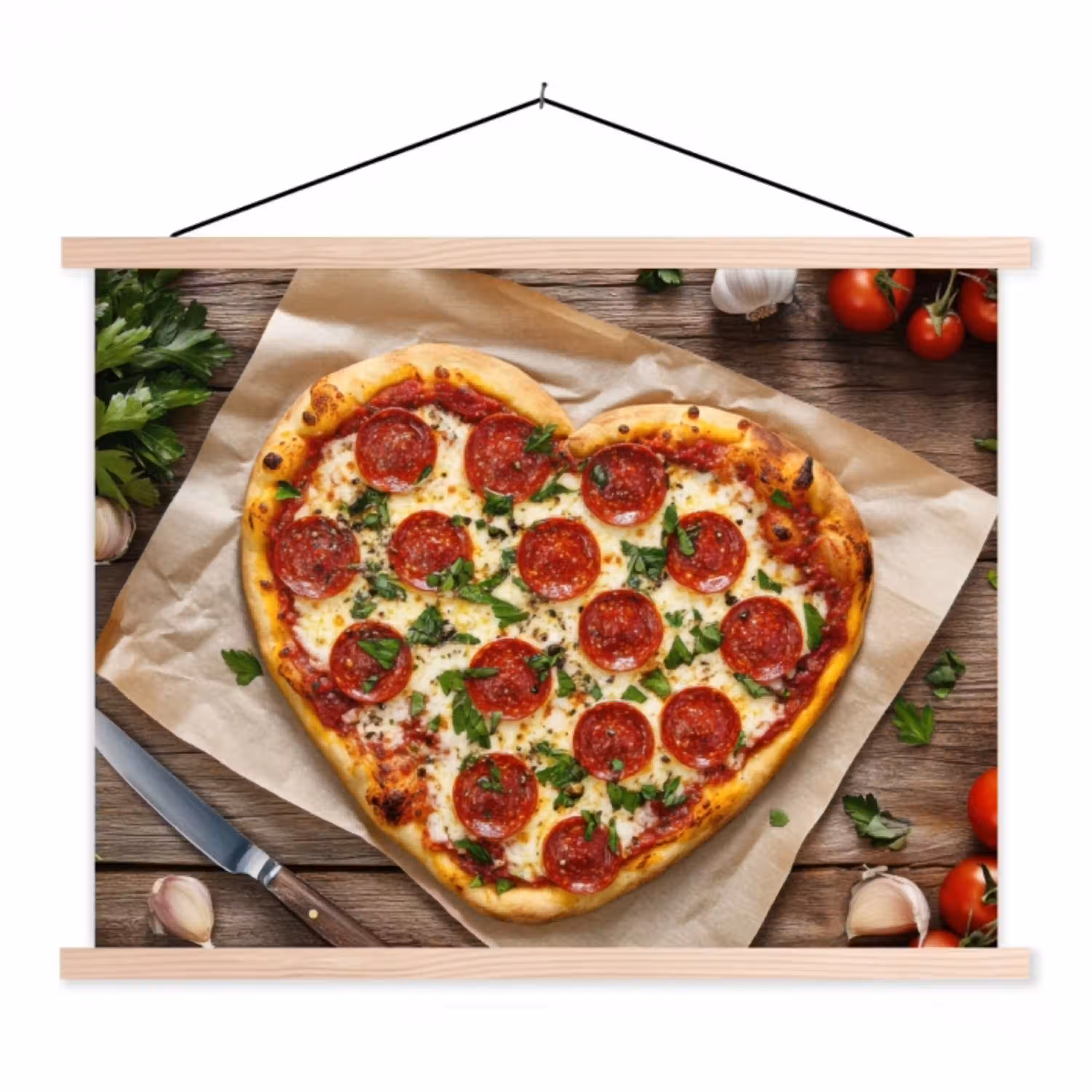 Pizza - Hart - Pepperoni - Tomaat textielposter latten blank klein -3d