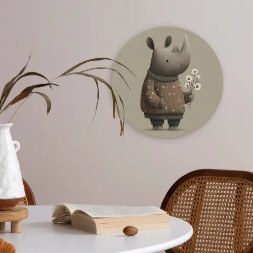 Neushoorn - Witte bloemen - Lief Akoestische PET Vilt - Rond klein -sfeer3