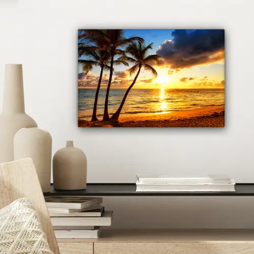 Strand - Horizon - Zonsondergang - Palmboom - Zee canvas 2cm klein -sfeer6