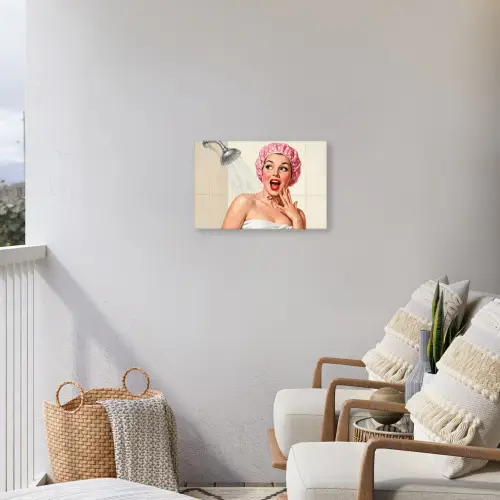 Vrouw - Douche - Roze Tuinposter op houten frame 2 cm dik klein -sfeer1