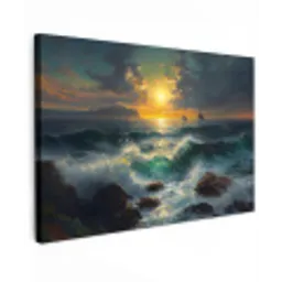 Zee - Zon - Golven - Rotsen Tuinposter op houten frame 2 cm dik klein -3d