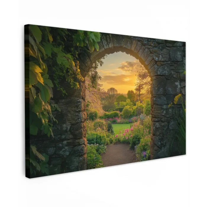 Poort - Planten - Zonsondergang Tuinposter op houten frame 2 cm dik klein -3d