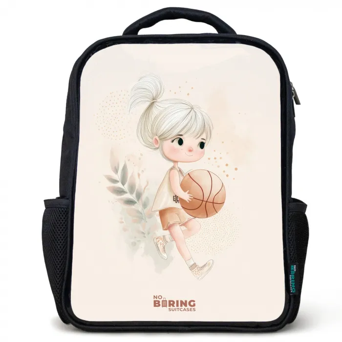 Meisje met een basketbal in neutrale kleuren. Rugzak - Zwart middel -3d