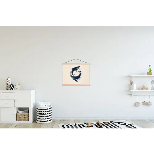 Walvissen - Spetters - Cirkel - Donkerblauw textielposter latten blank klein -kinderkamer