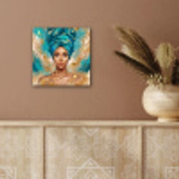 Portret - Vrouw - Schilderij - Blauw - Goud - Expressief aluminium wit klein -sfeer4