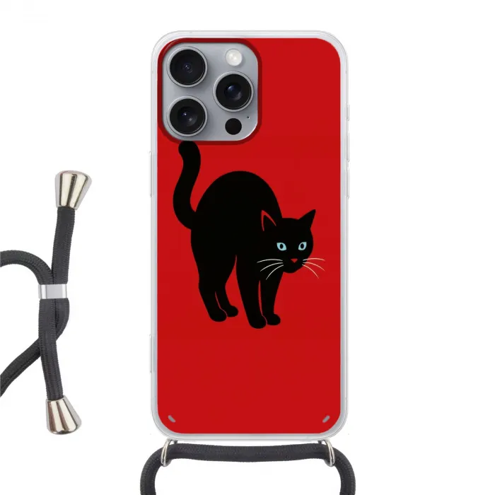 Kat - Zwart - Staart Hoesje iPhone 16 Pro Max met koord klein -3d