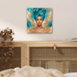 Portret - Vrouw - Schilderij - Blauw - Goud - Expressief aluminium wit klein -sfeer3