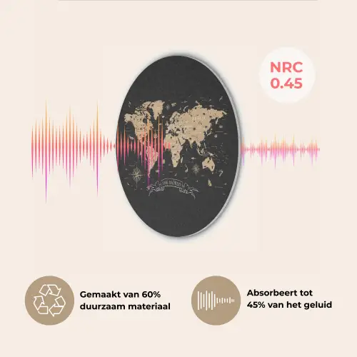 Wereldkaart - Beige - Zwart Akoestische PET Vilt - Rond klein -USP_NL