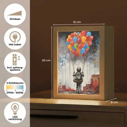 Jongen - Ballonnen - Gebouwen - Kunst Light Box met kabel (Tafellamp) klein -USP_NL