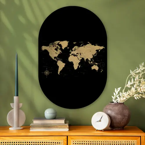 Wereldkaart - Beige - Zwart Wandcirkel Ovaal Glas middel -sfeer2