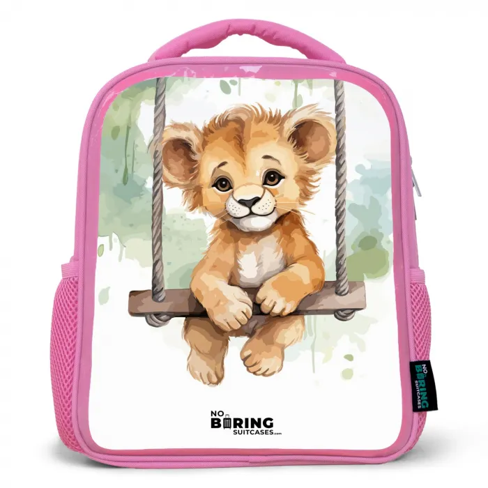 Leeuwenwelpje met schommel illustratie Kinderrugzak - Roze middel -3d