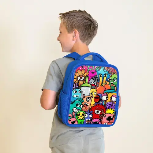 Knallende gekleurde monsters Kinderrugzak - Blauw middel -sfeer2