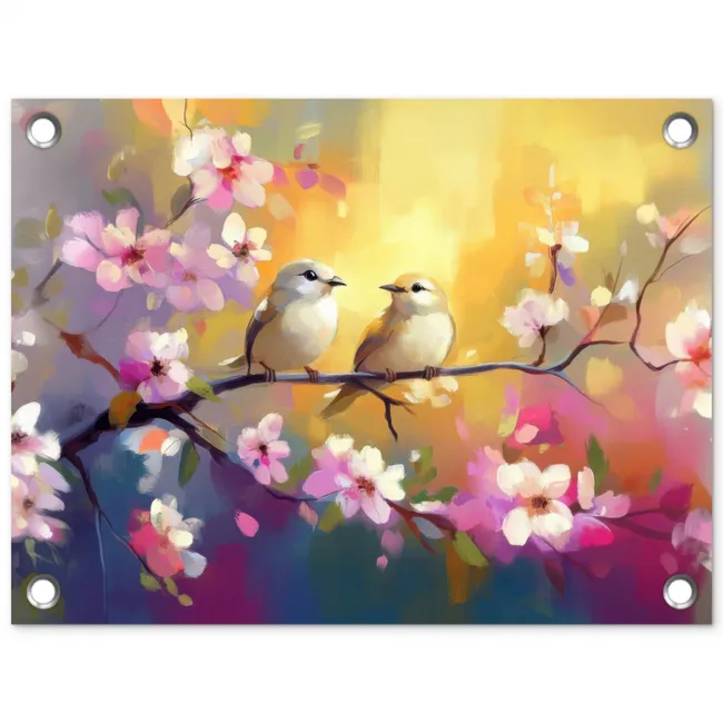 Vogels - Bloemen - Roze tuinposter los doek klein -3d