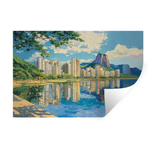 Berg - Skyline - Strand - Water Muursticker klein -3d