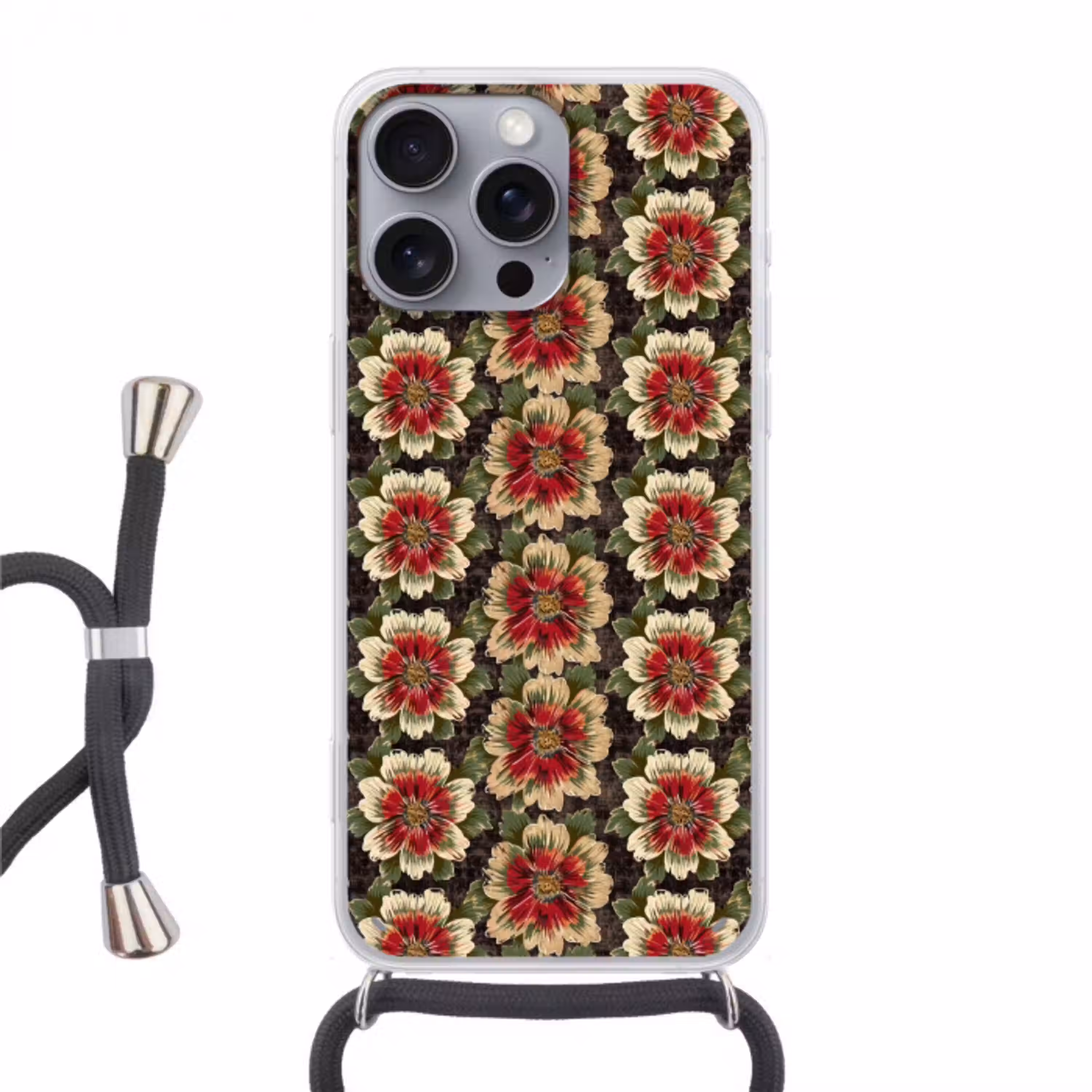 Bloemen - Klassiek - Patroon - Rood Hoesje iPhone 16 Pro Max met koord klein 804 -3d
